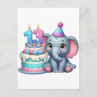 13th Birthday Elephant Cake Invitation Postcard
