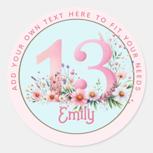 13th Birthday Fairy Floral Pink Princess Fairytale Classic Round Sticker