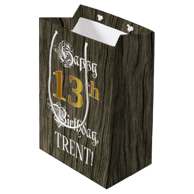 13th Birthday: Faux Gold Look & Faux Wood Pattern Medium Gift Bag (Back Angled)