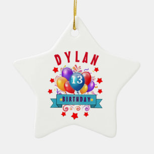 13th Birthday Festive Balloons and Red Stars 102Z Ceramic Ornament