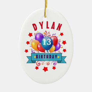13th Birthday Festive Balloons and Red Stars 102Z Ceramic Ornament