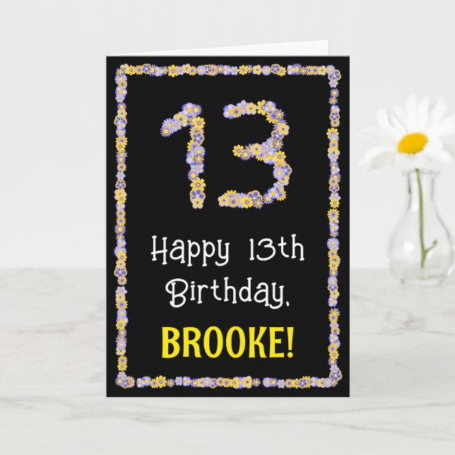 13th Birthday: Floral Flowers Number, Custom Name Card (Small Plant)