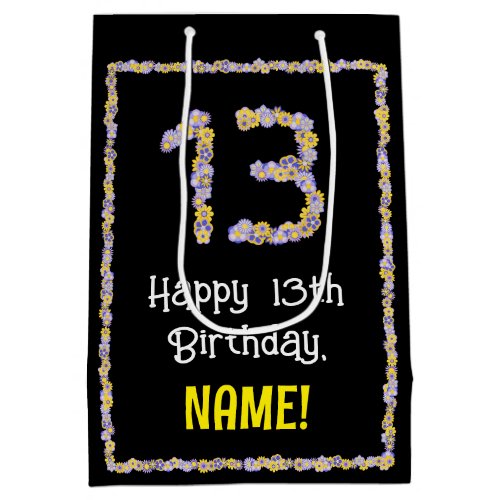 13th Birthday Floral Flowers Number Custom Name Medium Gift Bag