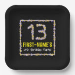 [ Thumbnail: 13th Birthday: Floral Flowers Number, Custom Name Paper Plates ]