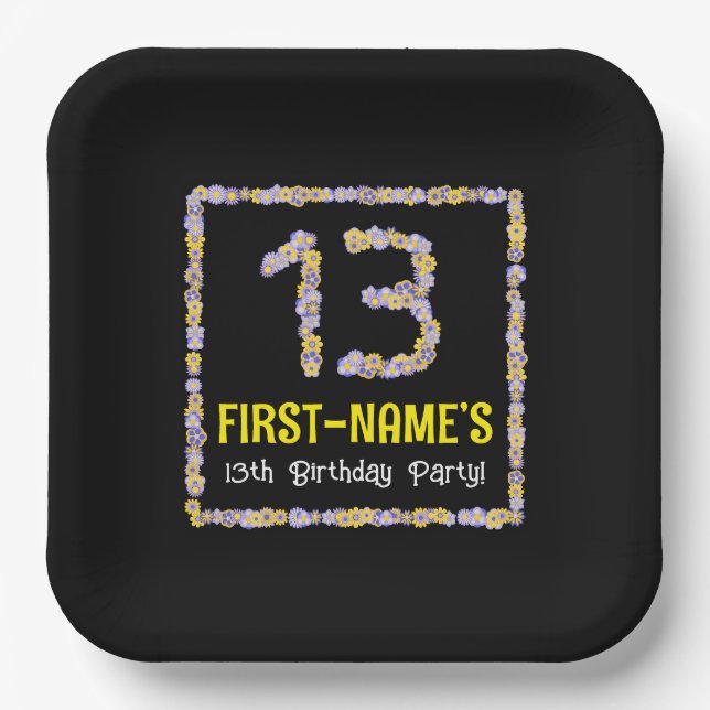 13th Birthday: Floral Flowers Number, Custom Name Paper Plates (Front)