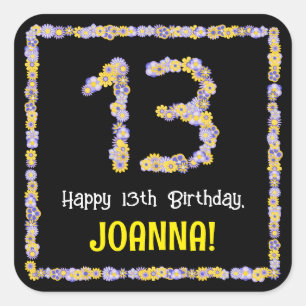13th Birthday: Floral Flowers Number, Custom Name Square Sticker