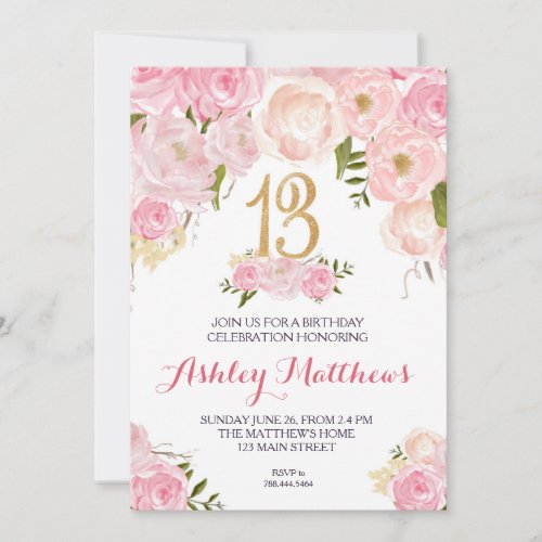 13th birthday Floral Invitation,