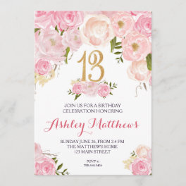 13th birthday Floral Invitation, Invitation