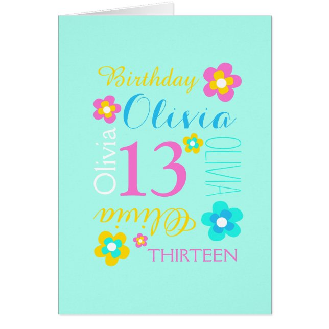 13th birthday flower custom aqua pink yellow cards (Front)