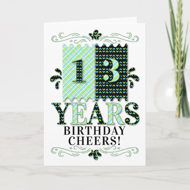 13th Birthday for Boys or Girls in Green Blue Card (Front)