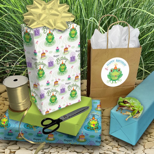 13th Birthday Frog Toads Of Fun Wrapping Paper Sheets (Sticker: https://www.zazzle.com/green_birthday_frog_party_hat_classic_round_sticker-2170335737729160)