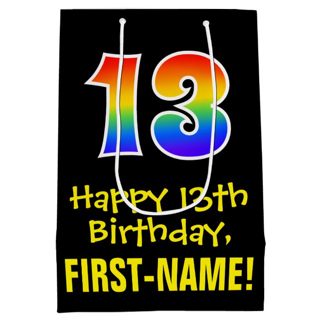 13th Birthday: Fun, Bold, Colorful, Rainbow "13" Medium Gift Bag (Back)