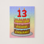 [ Thumbnail: 13th Birthday: Fun Cake and Candles + Custom Name Jigsaw Puzzle ]