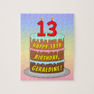 13th Birthday: Fun Cake and Candles + Custom Name Jigsaw Puzzle