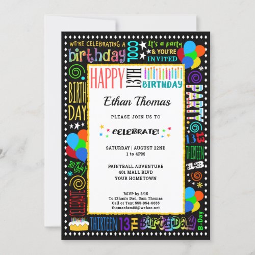 13th Birthday Fun Color Crazy Text on Black Party Invitation