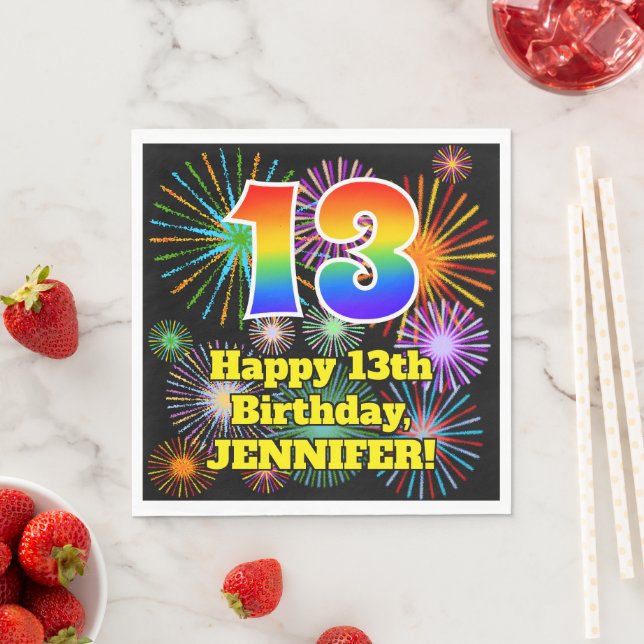 13th Birthday: Fun Fireworks Pattern + Rainbow 13 Napkins (Insitu)