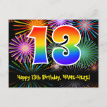 [ Thumbnail: 13th Birthday – Fun Fireworks Pattern + Rainbow 13 Postcard ]