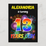 [ Thumbnail: 13th Birthday - Fun Fireworks, Rainbow Look "13" Postcard ]