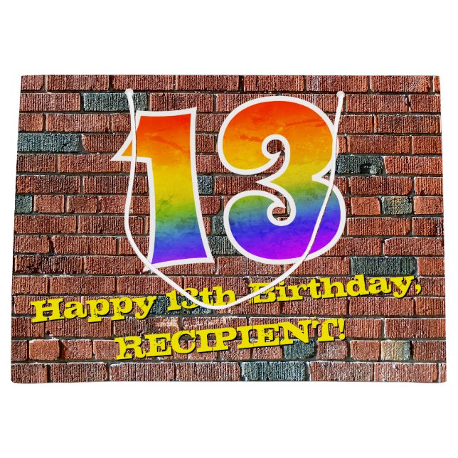 13th Birthday: Fun, Graffiti-Inspired Rainbow # 13 Large Gift Bag (Front)