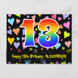 [ Thumbnail: 13th Birthday: Fun Hearts Pattern, Rainbow 13 Postcard ]