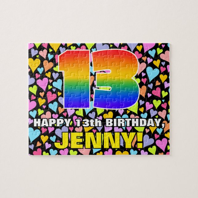 13th Birthday — Fun, Loving Heart Shapes + “13” Jigsaw Puzzle (Horizontal)