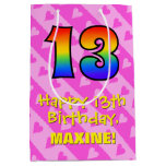 [ Thumbnail: 13th Birthday: Fun Pink Hearts Stripes; Rainbow 13 Gift Bag ]