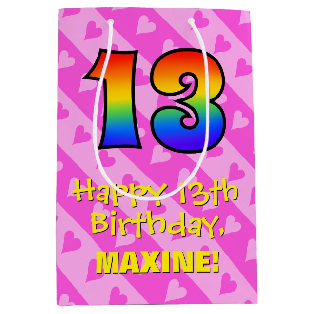 13th Birthday: Fun Pink Hearts Stripes; Rainbow 13 Medium Gift Bag (Front)