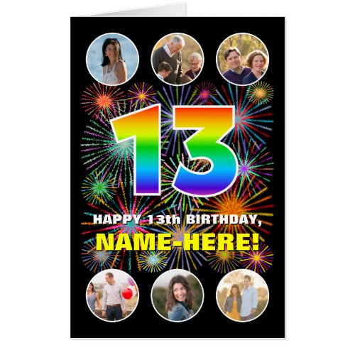 13th Birthday Fun Rainbow  Custom Name  Photos Card
