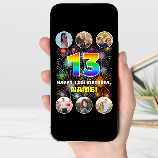 13th Birthday: Fun Rainbow #, Custom Name & Photos Card (Front Digital)