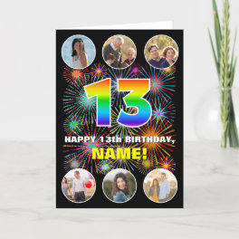13th Birthday: Fun Rainbow #, Custom Name & Photos Card