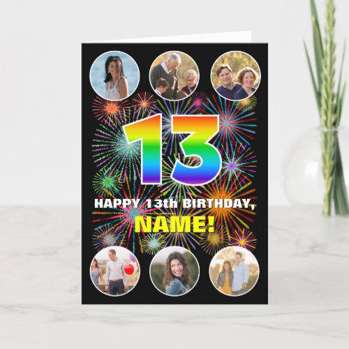 13th Birthday Fun Rainbow  Custom Name  Photos Card