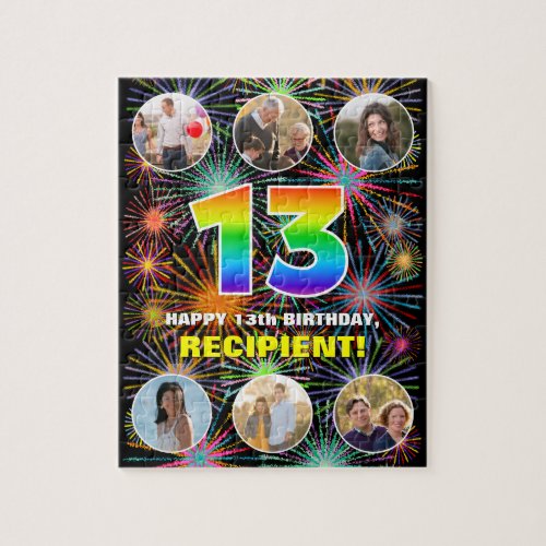13th Birthday Fun Rainbow  Custom Name  Photos Jigsaw Puzzle