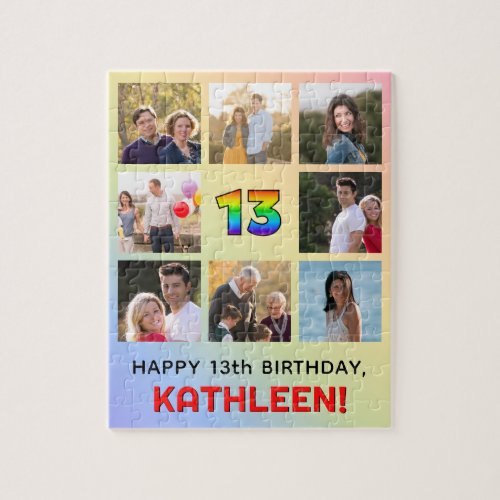13th Birthday Fun Rainbow  Custom Name  Photos Jigsaw Puzzle