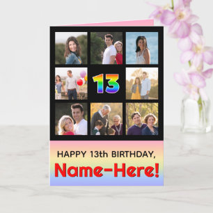 13th Birthday: Fun Rainbow #, Custom Photos + Name Card