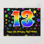 [ Thumbnail: 13th Birthday: Fun Stars Pattern, Rainbow 13, Name Postcard ]