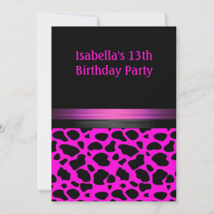 13th Birthday Fuschia Pink Black Animal Pattern Invitation
