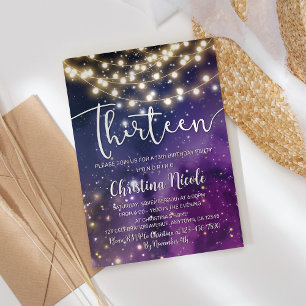 13th Birthday Galaxy Purple Stars String Lights Invitation