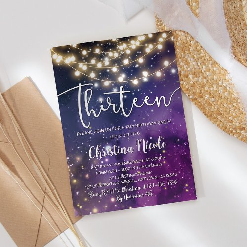 13th Birthday Galaxy Purple Stars String Lights  Invitation