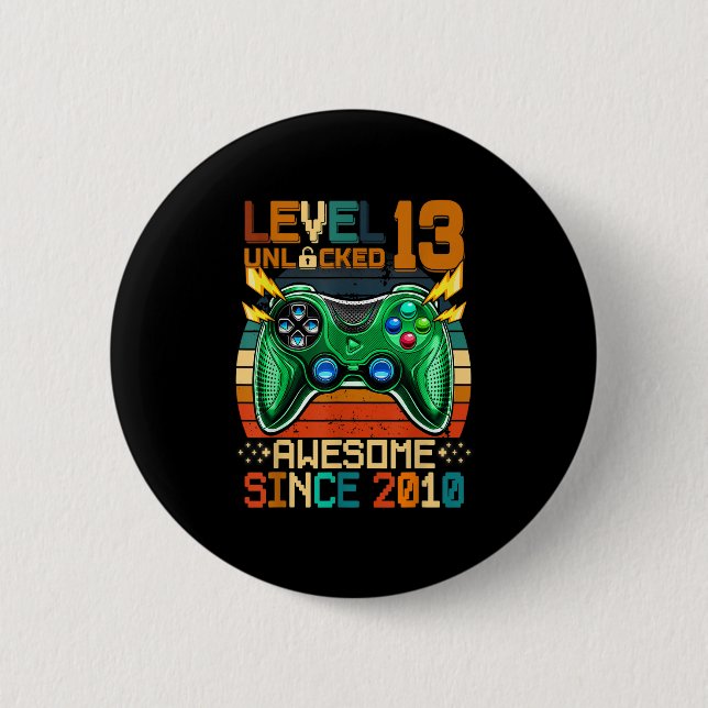 13th Birthday Gift Boys Level 13 Unlocked 13 Year  Button (Front)