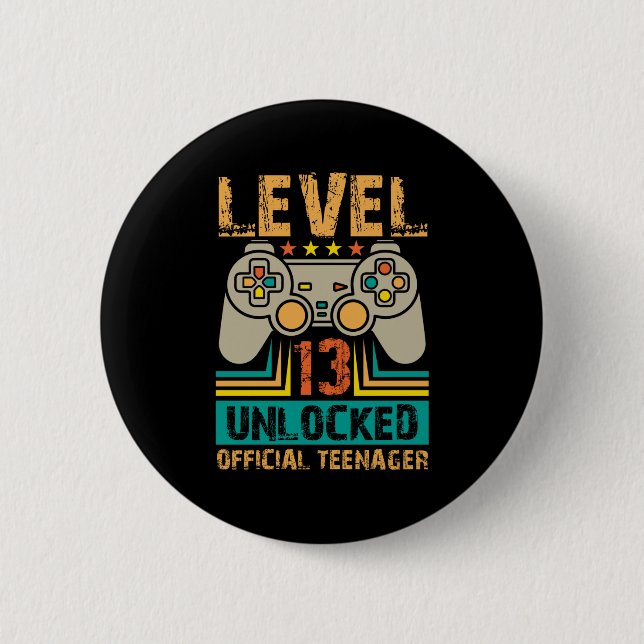 13th Birthday Gift Boys Level 13 Unlocked Official Button (Front)