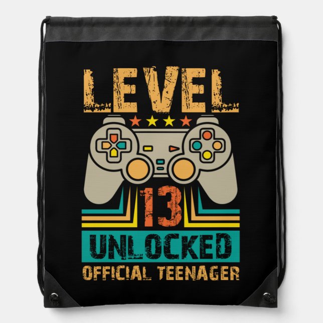 13th Birthday Gift Boys Level 13 Unlocked Official Drawstring Bag (Front)