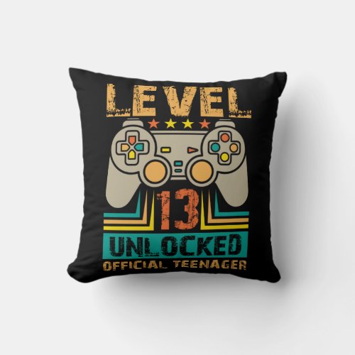 13th Birthday Gift Boys Level 13 Unlocked Official Throw Pillow