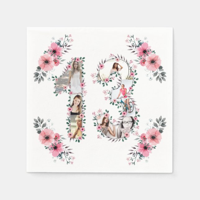 13th Birthday Girl Flower Photo Collage White Napkins (Front)