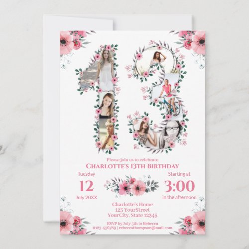 13th Birthday Girl Photo Collage Pink Flower White Invitation