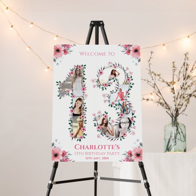 13th Birthday Girl Photo Pink Flower White Welcome Foam Board (In Situ (Stand))