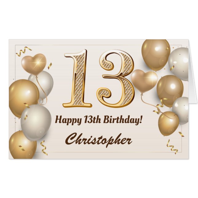 13th Birthday Gold Balloons Confetti Extra Large Card (Front Horizontal)
