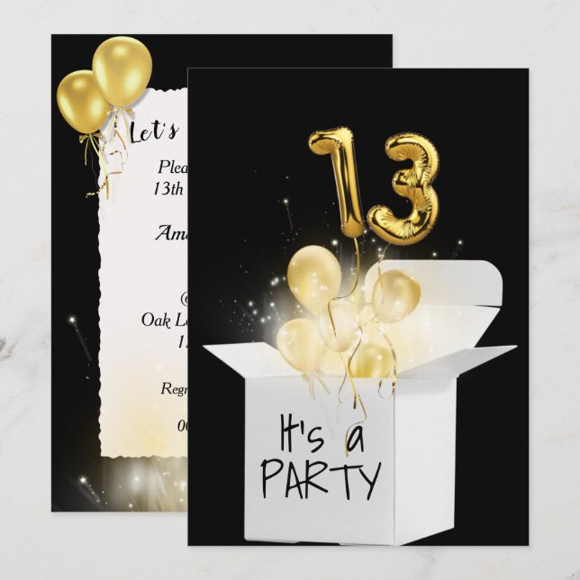 13th Birthday Gold Balloons In White Box  Invitation (Front/Back)