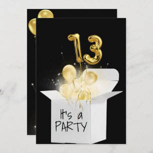 13th Birthday Gold Balloons In White Box Invitation