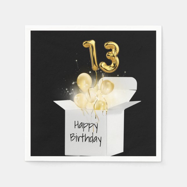 13th Birthday Gold Balloons In White Box Napkins (Front)