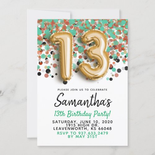 13th Birthday Gold Confetti Invitation